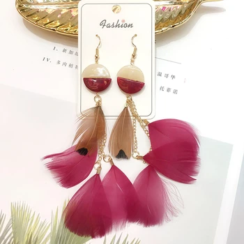

Green Red Leaf Feather Earrings For Women Wedding Statement Round Acrylic Earrings Long Tassel Earrings Brincos Bijoux Jewelry