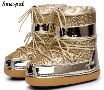 

Women Lace Up Glitter Warm Flat Heeled Snow Boots with Microfleece Lining