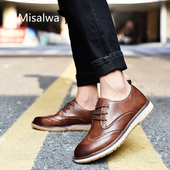 

Misalwa Men Oxford Burnish Leather Brogue Shoes 2020 Fashion Leisure Moccasins Cheap Casual Breathable Shoes Work Office Flats