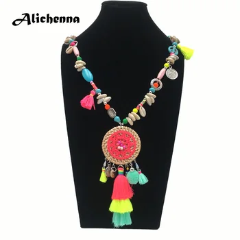 

Alloy Shell Wood Beaded Necklace Handmade Long Bohemian Boho Ethnic Style Women Round Rattan Tassel Pendant Necklace Statement