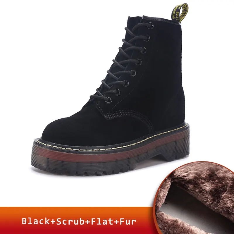 Scrub Black Fur Ботинки из натуральной кожи; ботинки на плоской платформе; женская обувь; сезон осень-зима; модные кожаные ботинки на меху с круглым носком на шнуровке; женская обувь - Цвет: Scrub Black Fur