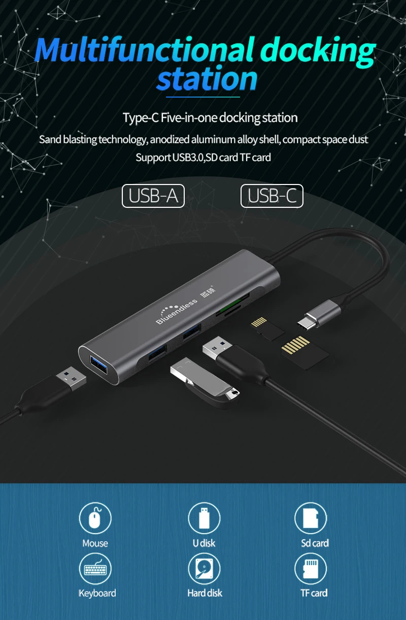 Док станция 5 в 1 Type C USB 3. конвертер 3 порта адаптер Micro SD TF кардридер для iMac ПК iPad Pro