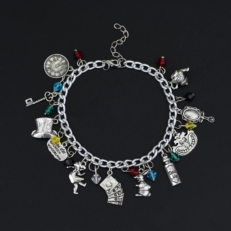 

Alice in Wonderland Bracelets&Bangles Cat/Mad Hatter/Rabbit with Blue and Red Crystals Antique Silver DIY Charm Bracelets