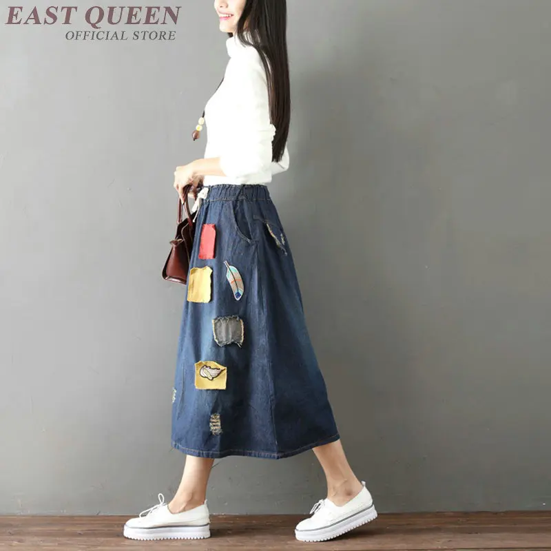 Chinese Style Denim Skirt Appliques Retro Women Skirts Autumn Elastic Waist A Line Vintage Jeans Skirt Woman TA1759