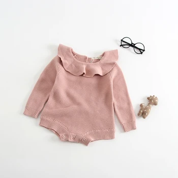 

2020 Fashion Sweet New Infant Newborn Baby Girl Knitted Long Sleeve Doll Collar Bodysuit Buttons Ruffles Solid Sweater Overalls