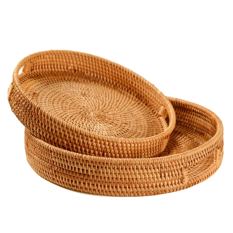 

Rattan Handwoven Round High Wall Severing Tray Food Storage Platters Plate over Handles for Breakfast,Drinks,Snack for Coffee