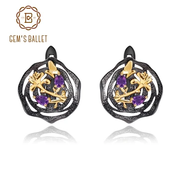 

GEM'S BALLET 925 Silver Handmade Lotus Flower Earrings Natural Amethyst Clip Earrings for Women Jewelry Black and 18k Gold
