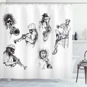 

Jazz Music Decor Collection, Sketch Image of Jazz Players Playing Instruments Trumpet and Saxophone Music Decor, Polyester