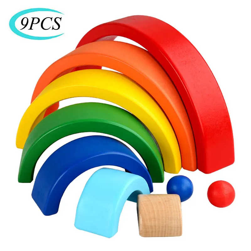 Artículo caliente Bloques de construcción de arcoíris Montessori para niños, juguete educativo de madera de siete colores, arquería de arcoíris para chico 5ByKz6jM1