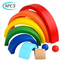 Wooden Seven-Color Rainbow Building Blocks Montessori Early Education Rainbow Jengle Arched Building Block Kid's Educational Toy