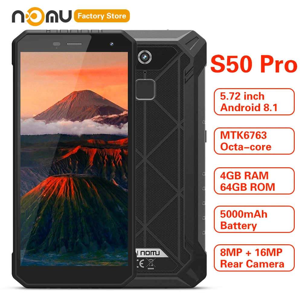 

IP68 Waterproof NOMU S50 PRO 4G Smartphone 5.72'' Android 8.1 MTK6763 Octa-core 1.5GHz 4GB 64GB 16.0MP 5000mAh Type-C Cellphones