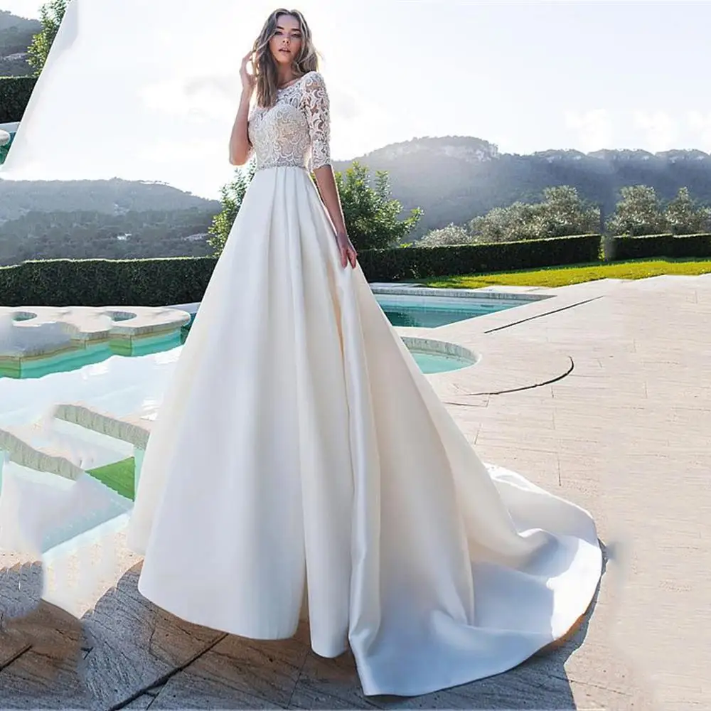 

Satin Bateau Neck A-line Wedding Dresses With Lace Half Sleeves Button Back Bridal Gowns with Pockets