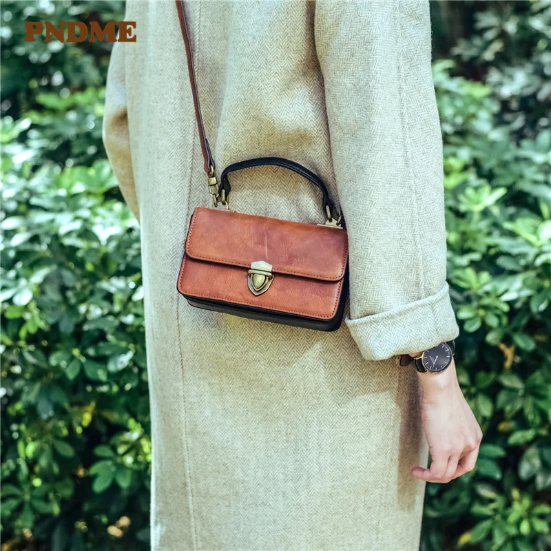 

PNDME fashion vintage genuine leather ladies mini handbag weekend daily party natural cowhide women's cute small crossbody bags