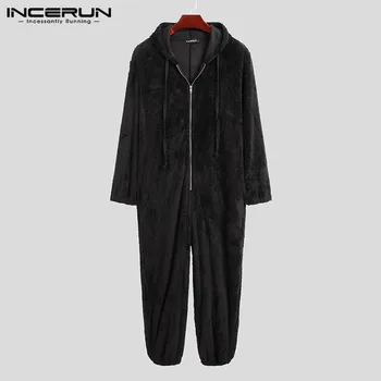 

INCERUN Winter Men Pajamas Jumpsuit Fleece Long Sleeve Warm Zipper Hooded Homewear Solid Color Mens Leisure Sleepwear Rompers