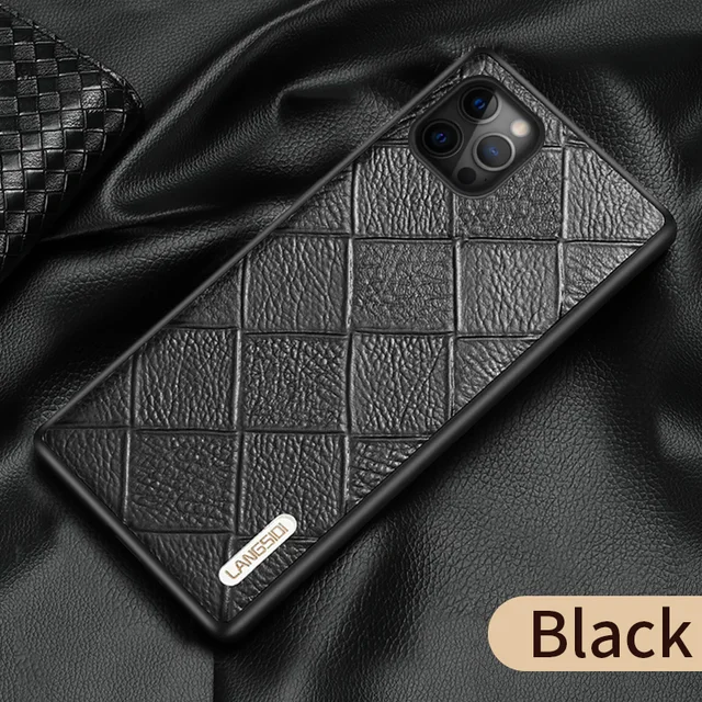 LANGSIDI Leather case For Iphone 12 pro max 11 Square embossing back cover For iphone 12 pro 12 max xr xs max 7 8 plus fundas black