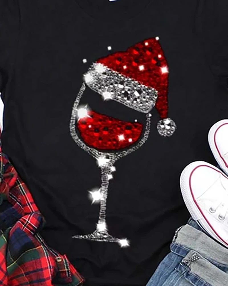 New Casual Tshirts Tee Tops Short Sleeve T-shirt Christmas hatPrint Wine Glass Print Plus Size 3XL 2XLCasual T-shirt
