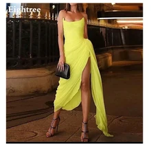 

Eightree Bright Yellow Short High Slit Chiffon Prom Dress Asymmetric Sleeveless Strapless Party Dress Pleated Formal Gowns