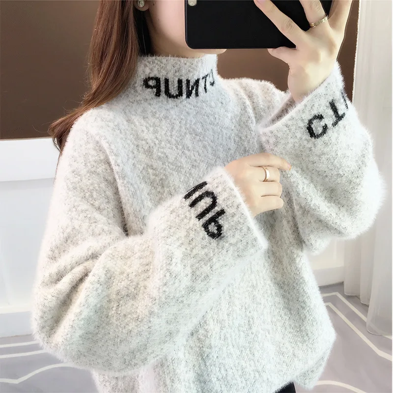 Autumn/winter New Mink Velvet Turtleneck Sweater Female Students Loose Wear Lazy Wind Sleeve Head Bottom Knit | Женская одежда