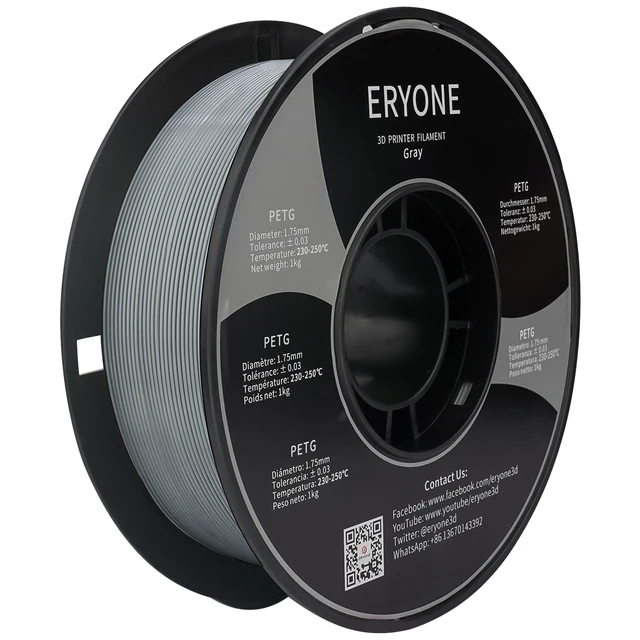 ERYONE PETG Filament 1kg 1.75mm ±0.03mm For 3D Printer,1KG (2.2LBS) 3D Printing Fast Shipping PETG Gray