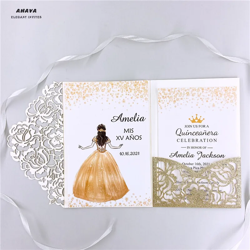 

50 шт Quinceanera блестящий золотой цвет лазерная резка Цветочные Пригласительные открытки для свадьбы/вечерние/Юбилей/день рождения