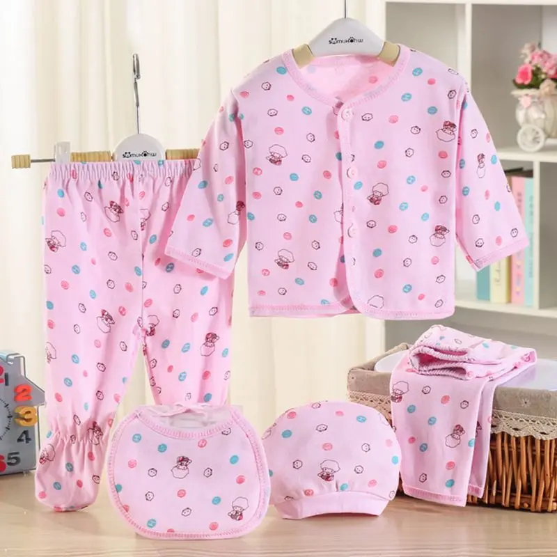 

5Pcs/set Baby Set Newborn 0-3 Months Clothes Boy Girl Cartoon Long Sleeve Tops+Hat+Pants +Bib Baby Girl Clothes Pajamas Sets