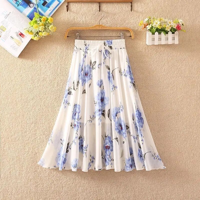 

Chiffon floral skirt medium length swing skirt elastic waist tie A-line skirt high waist slim print skirt lady lovely skirt