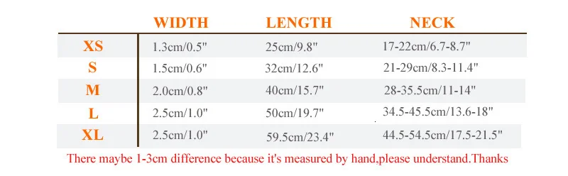 size chart - XS-XL Collar