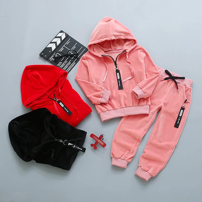 

2019 Spring New Style Girls' Sweater Middle And Large Children Gold Velvet Set GIRL'S Coat Korean-style Sports Clothing