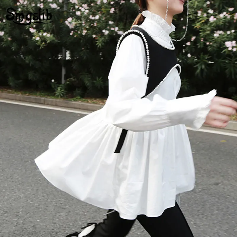 

2019 Spring Woman New Solid White Color Long Sleeve Stand Collar Single Breasted Pleated Irregular Loose Shirt