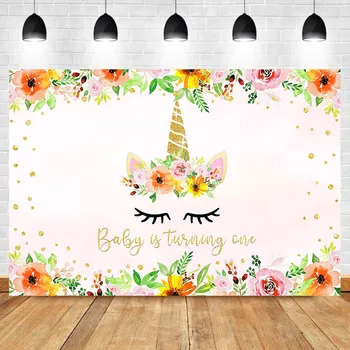 

Golden Unicorn First Birthday Backdrop Watercolor Flowers Cake Table Decorate photo Background 1th Birthday Banner Backdrops
