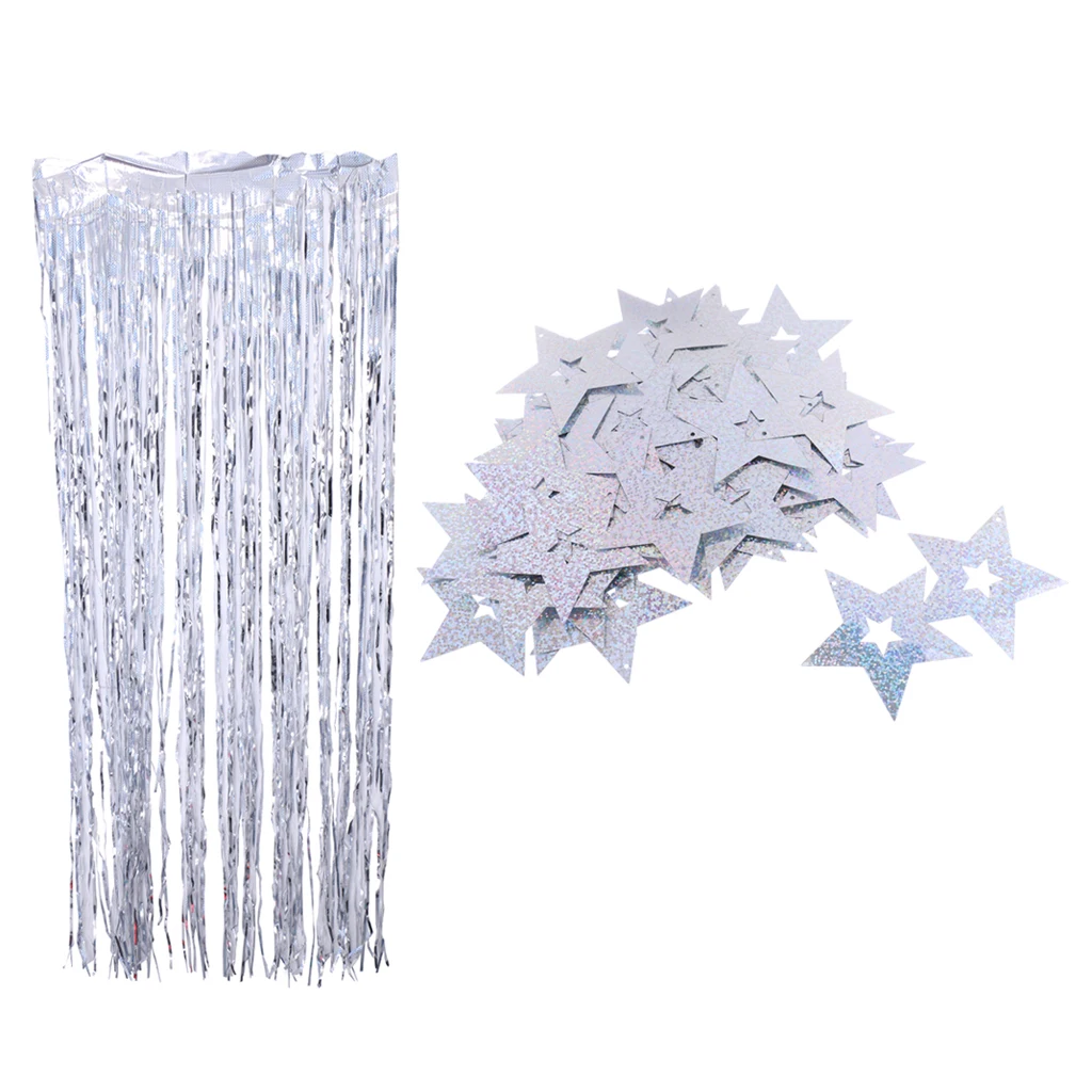 100 Shiny Star Cutouts + Tinsels Balloon Swirls Party Decoration Supplies Gold/Silver/Blue