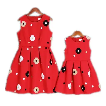 

Mom Girls Flower Dress Mother Daughter Red Vest Dress 2020 Mommy Girl Matching Twinning Party Dress Family Look Outfits