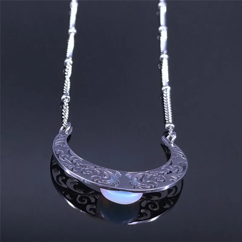 2020 Moon Moonstone Stainless Steel Chain Necklace Women Silver Color Pendants Necklaces Boho Jewelry bijoux femme N1129S04