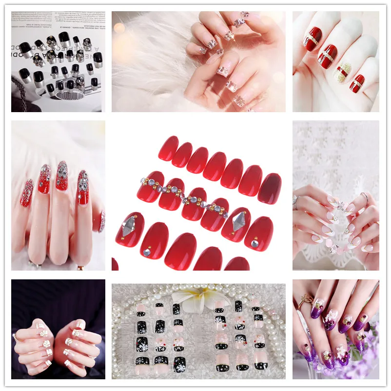 

24PCS/set Red False Nails 3D Snowflake Acrylic Fake Nails Tips Glitter Gold Line Nail Art Tips Christmas Must 19Styles