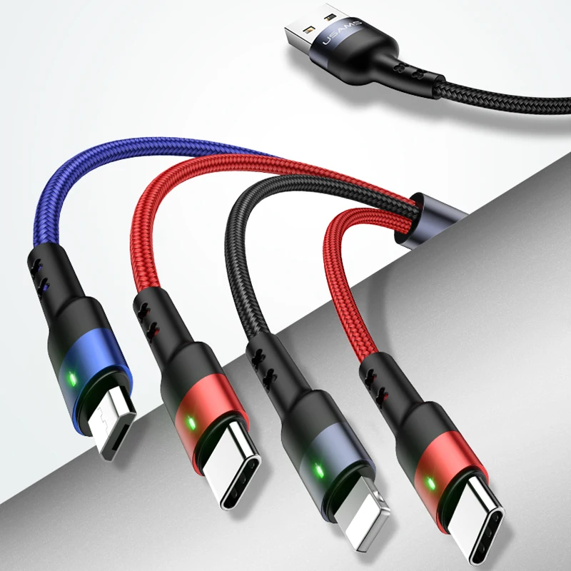 USAMS 4 в 1 мульти usb Кабель зарядного устройства для iPhone samsung huawei xiaomi Быстрая зарядка провод данных для lightning micro usb type c светодиодный - Цвет: usb c usb c Micro IP