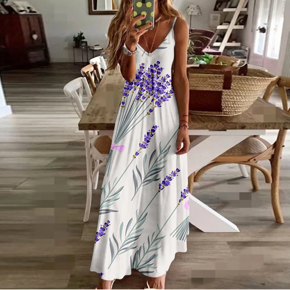 

Платье женское длинное в стиле бохо на бретельках, пикантный вечерний наряд лавандового вечерние с принтом, пляжная одежда, сарафан, 4XL, на лето