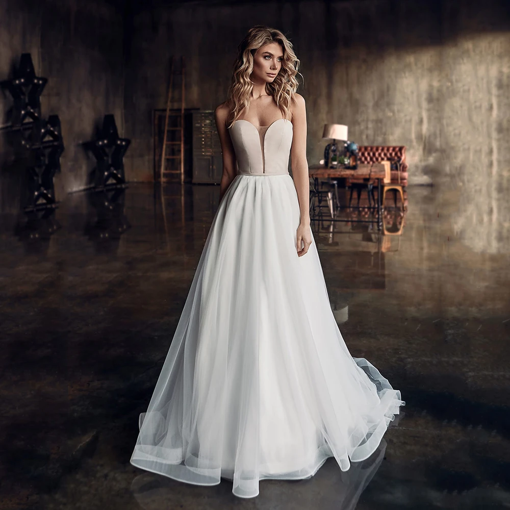 

UZN A Line Satin And Tulle Wedding Dress Strapless Bridal Gowns With Detachable Beading Pearls Jacket Vestido De Noche