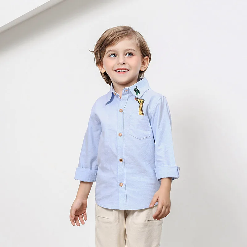 Spring Autumn 2 3 4 6 8 10 Years Children'S Cloth Turn-Down Collar Long Sleeve Embroidery Animal Baby Kids Boys Cotton Shirt