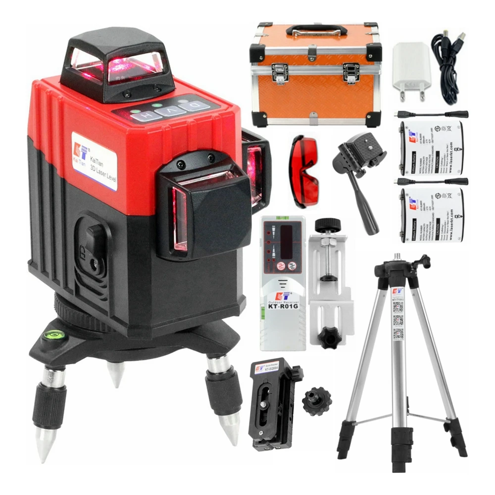Kaitian Laser Level Tripod Self-Leveling Profissional 3D 12Lines 360 Vertical&Horizontal Super Powerful Red Line Lasers Receiver