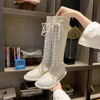 

European station knitting rhinestone big head over the knee boots Martin boots motorcycle boots thin boots women's shoes