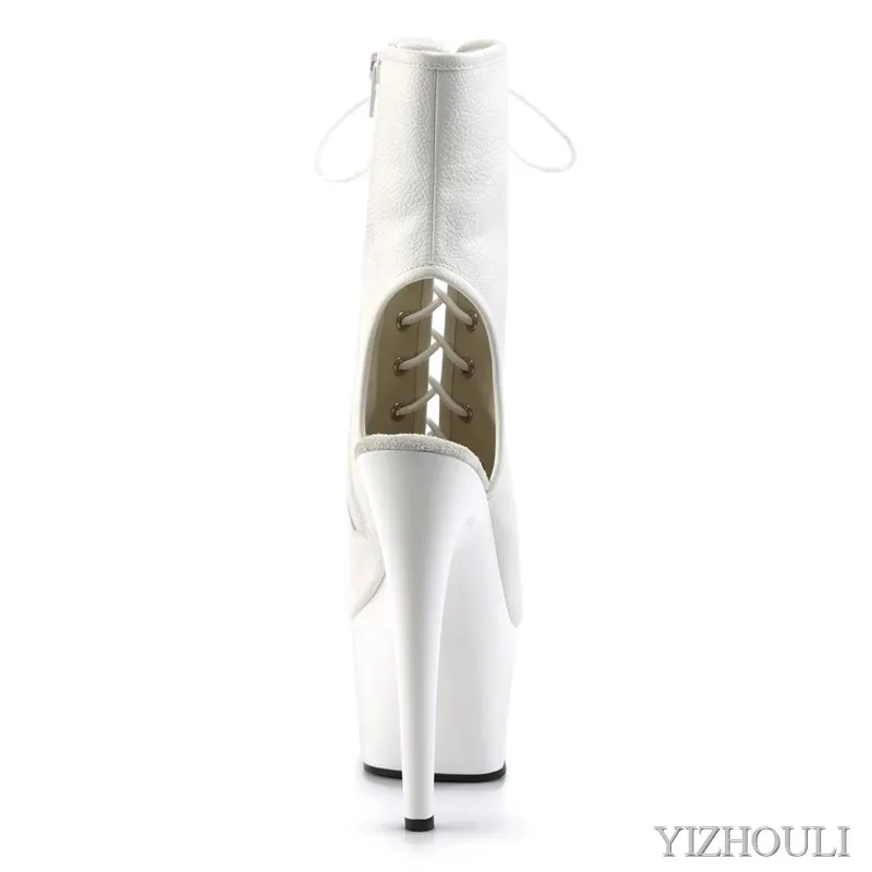 17 cm see-through stiletto heels, sexy 7 inch ankle boots, open-toe matte black shoes, party club, model pole dancing shoes