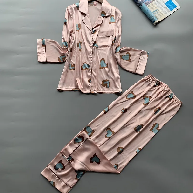 

QWEEK Satin Pajamas Women Sleepwear Sleep Lounge Silk Nihghtwear Home Clothes 2 Piece Long Sleeve Pijamas Mujer Pyjamas Homewear