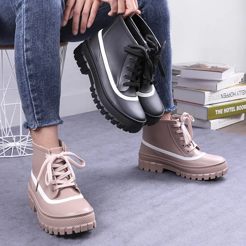 Rouroliu Ankle Rain Boots Women Hot Fashion Waterproof PVC Shoes Non-Slip Work Water Boots Lace-up Rain Boots