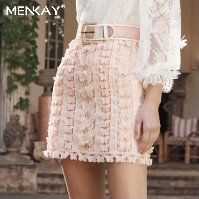 

[MENKAY] Lace Butterfly Pattern Women's Skirt High Waist Pink Mini Elegant Skirts Female 2019 Fashion Clothing New