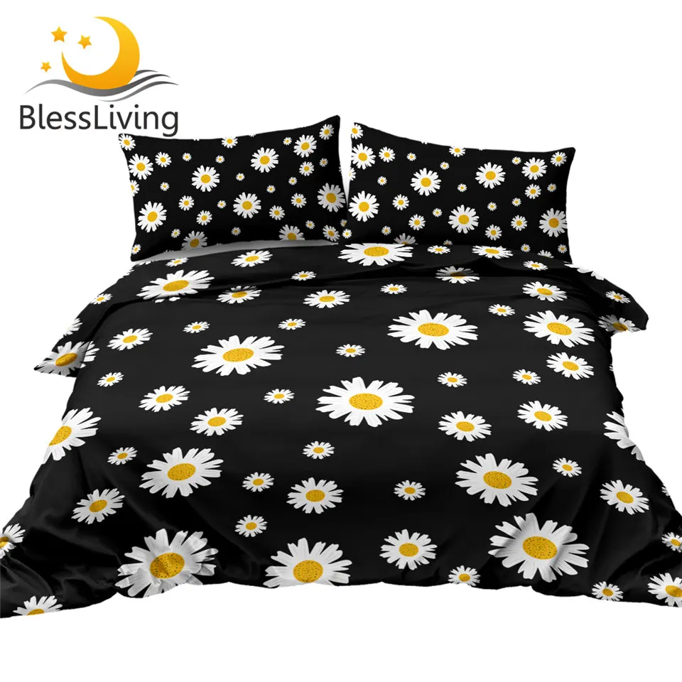 

BlessLiving Daisy Duvet Cover Set White Flowers Bedclothes Black Modern Bedding Sets 3 Pieces Elegant Comforter Cover Queen King