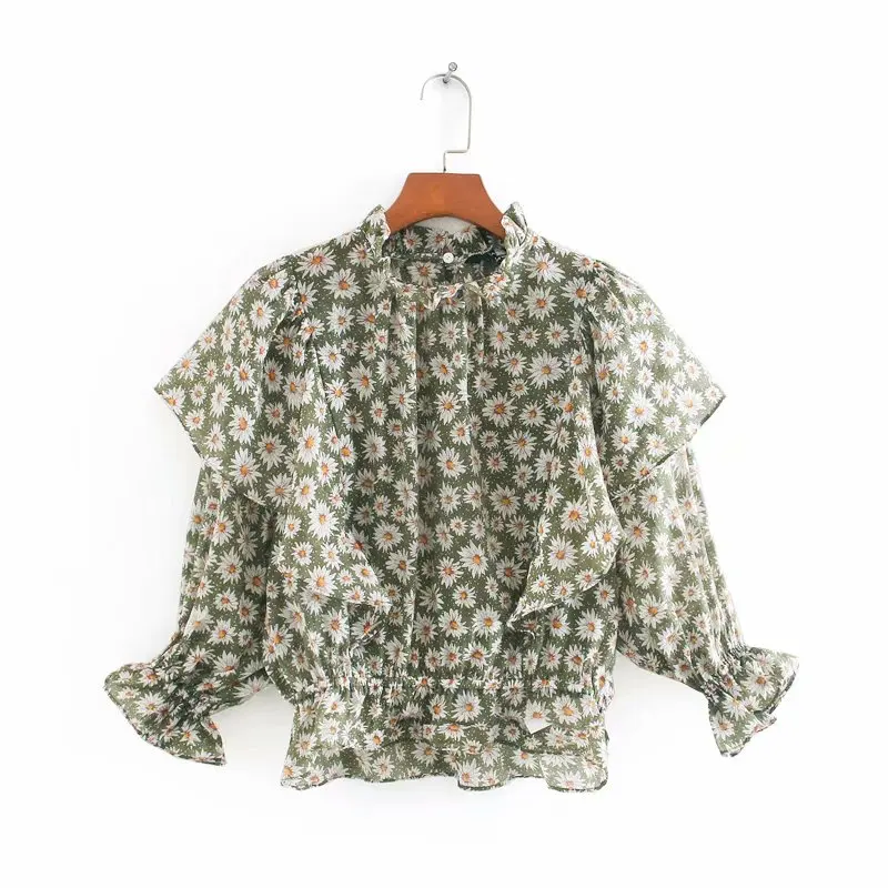 New 2020 women flower print casual smock blouse female stand collar three quarter sleeve ruffles shirts chic blusas tops LS6667 New 2020 women flower print casual smock blouse female stand collar three quarter sleeve ruffles shirts chic blusas tops LS6667