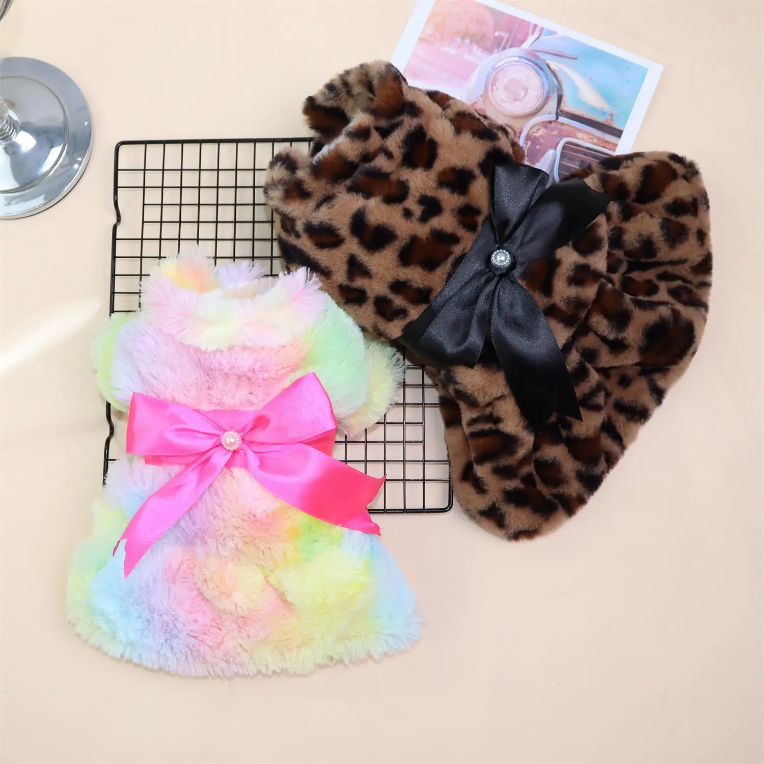 

Dog Bow Dress Dog Clothes Pet Cat Leopard Fur Dress Winter Warm Coat Coat Hoodie Chihuahua Party Dress Pet Clothes