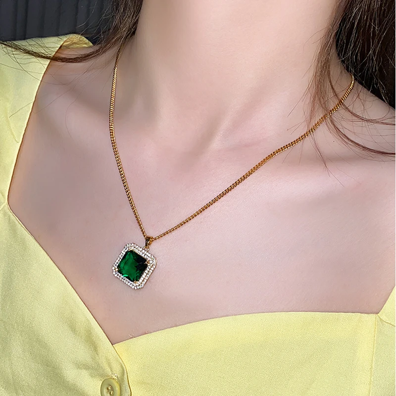 Peri'sBox Square Green Crystal Necklaces Rhinestone Geometric Pendant Necklaces for Women Box Vintage Necklace 2020 Jewelry Hot - Image 3