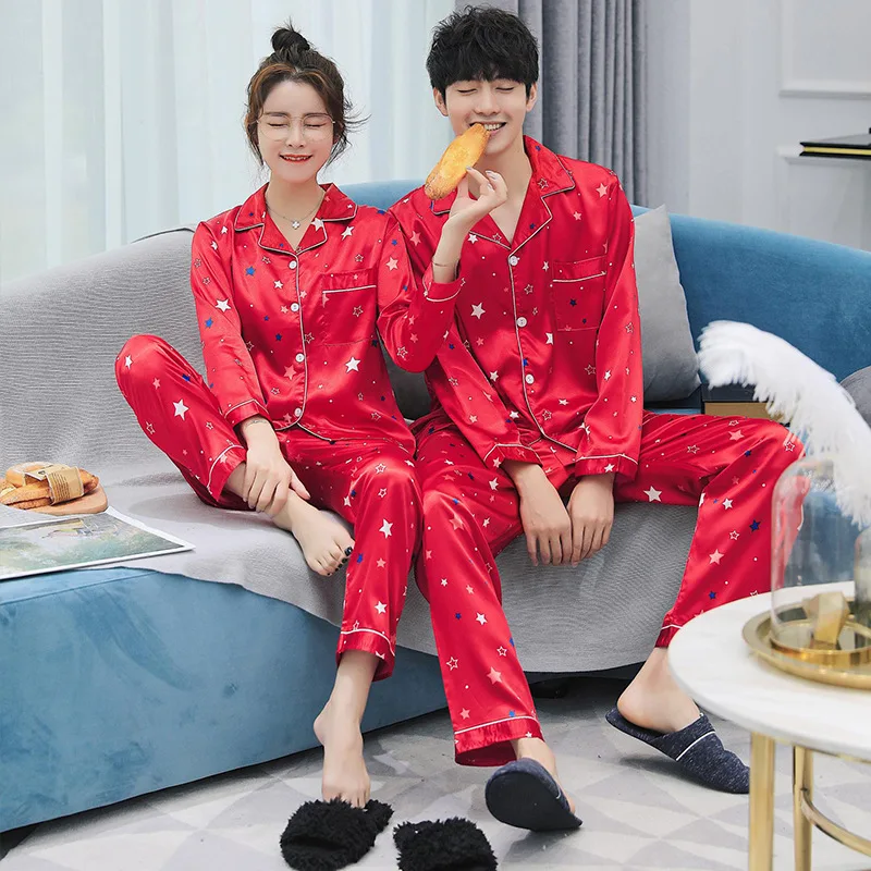 

Autumn New Style Couples Pajamas Suit Korean-style Festive Bright Red Star Silk Long Sleeve Comfortable Cardigan Tracksuit
