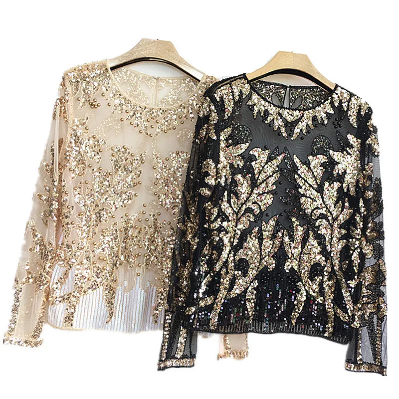 

Sexy Sequined Embroidery Rose Flower Shirt Shiny Transparent Gauze Heavy Beading S Blusa Camisa Luxury Party Club Tops 5549#